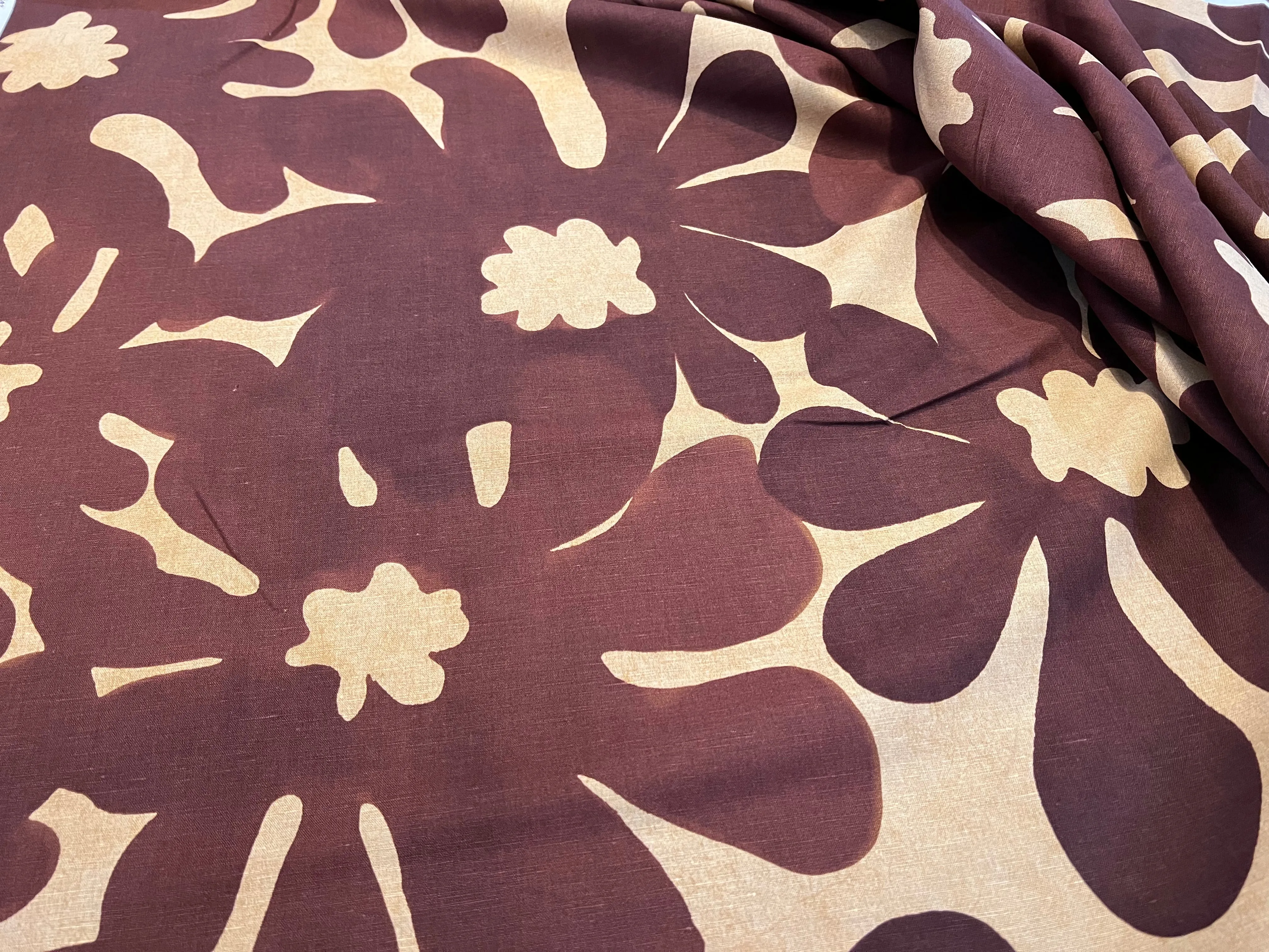 #1136 Maroon & Soft Gold Large Floral 60% Linen 40% Cotton Remnant