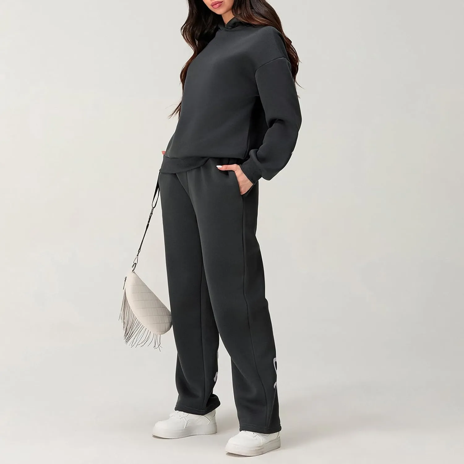 2 Piece Outfits for Women Bow Print Long Sleeve Oversized Hoodie Wide Leg Sweatpants with Pockets Sweatsuit Sets