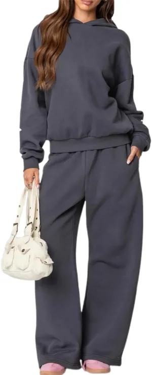 2 Piece Outfits for Women Bow Print Long Sleeve Oversized Hoodie Wide Leg Sweatpants with Pockets Sweatsuit Sets