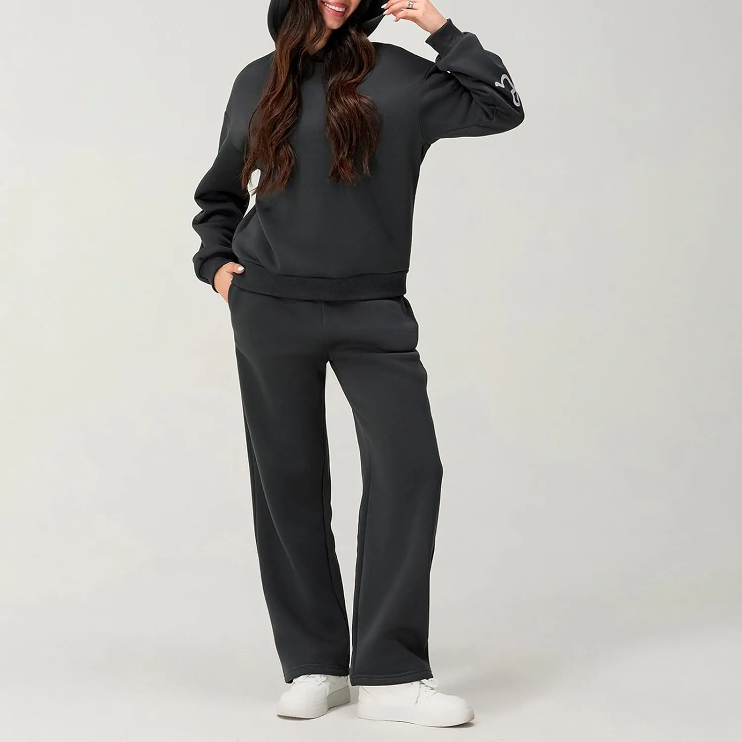2 Piece Outfits for Women Bow Print Long Sleeve Oversized Hoodie Wide Leg Sweatpants with Pockets Sweatsuit Sets