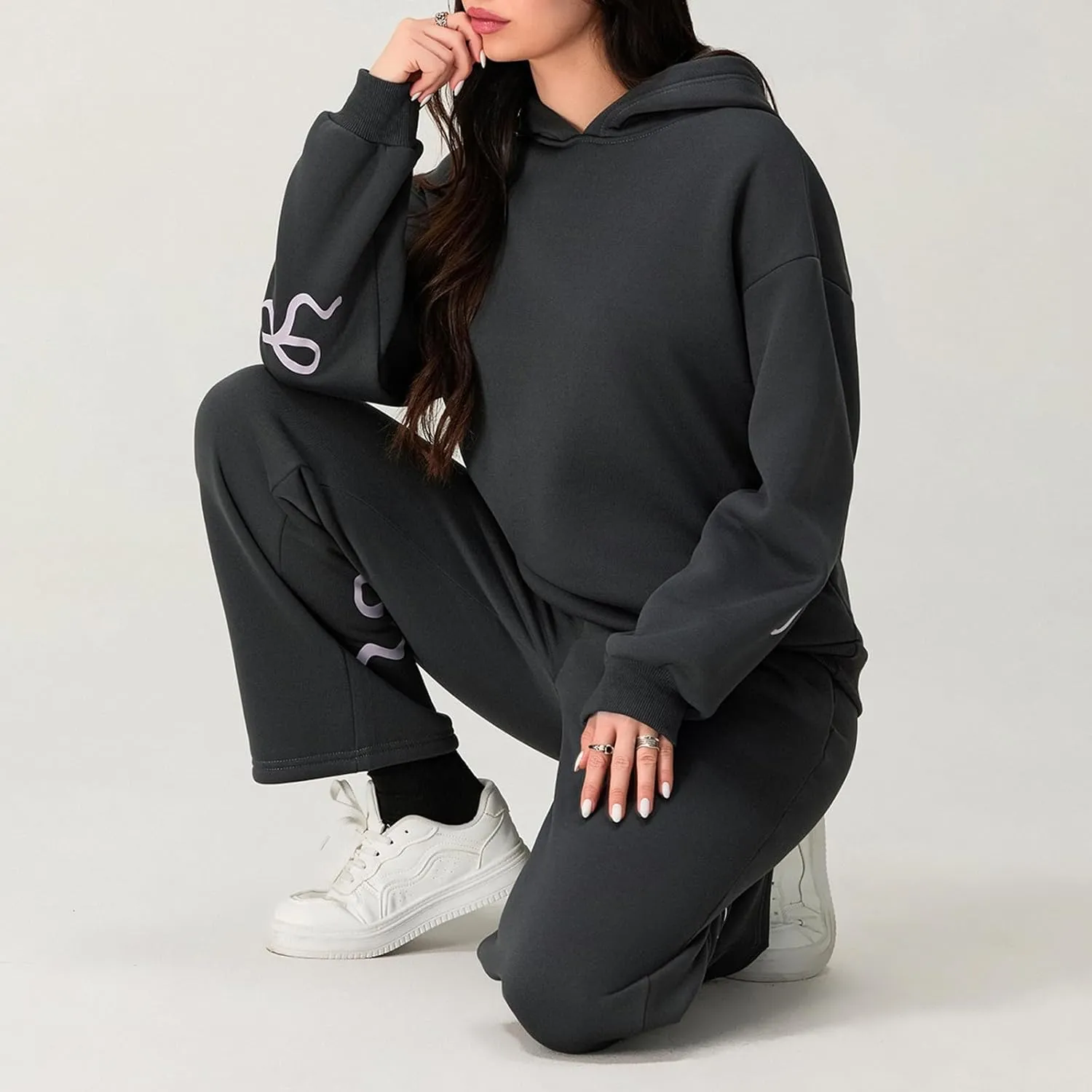 2 Piece Outfits for Women Bow Print Long Sleeve Oversized Hoodie Wide Leg Sweatpants with Pockets Sweatsuit Sets
