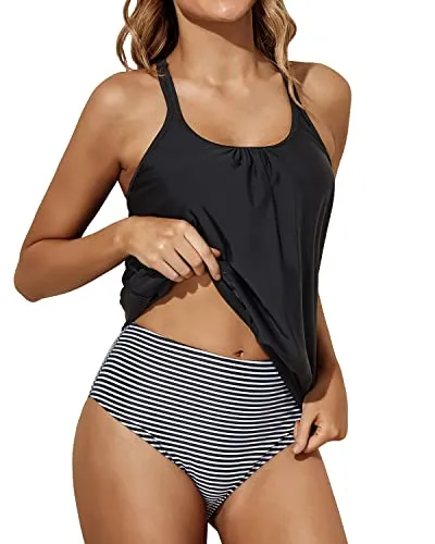 2 Piece Stylish Black Criss Cross Back Tankini Swimsuits-Black Stripe