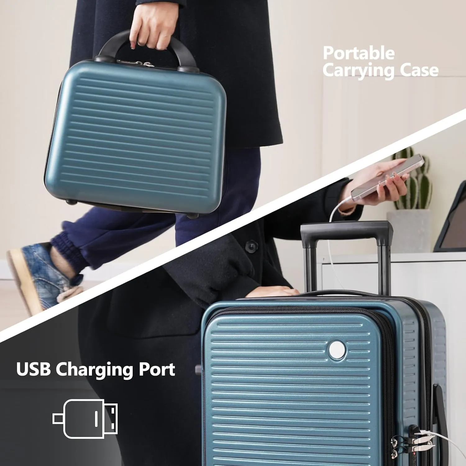 20 Inch Carry-on Luggage with USB Port, TSA Lock & Front Pocket, Durable Spinner Lightweight Suitcase for Men and Women (Blue)