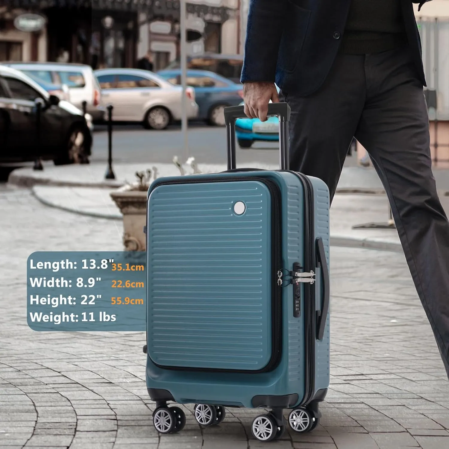 20 Inch Carry-on Luggage with USB Port, TSA Lock & Front Pocket, Durable Spinner Lightweight Suitcase for Men and Women (Blue)