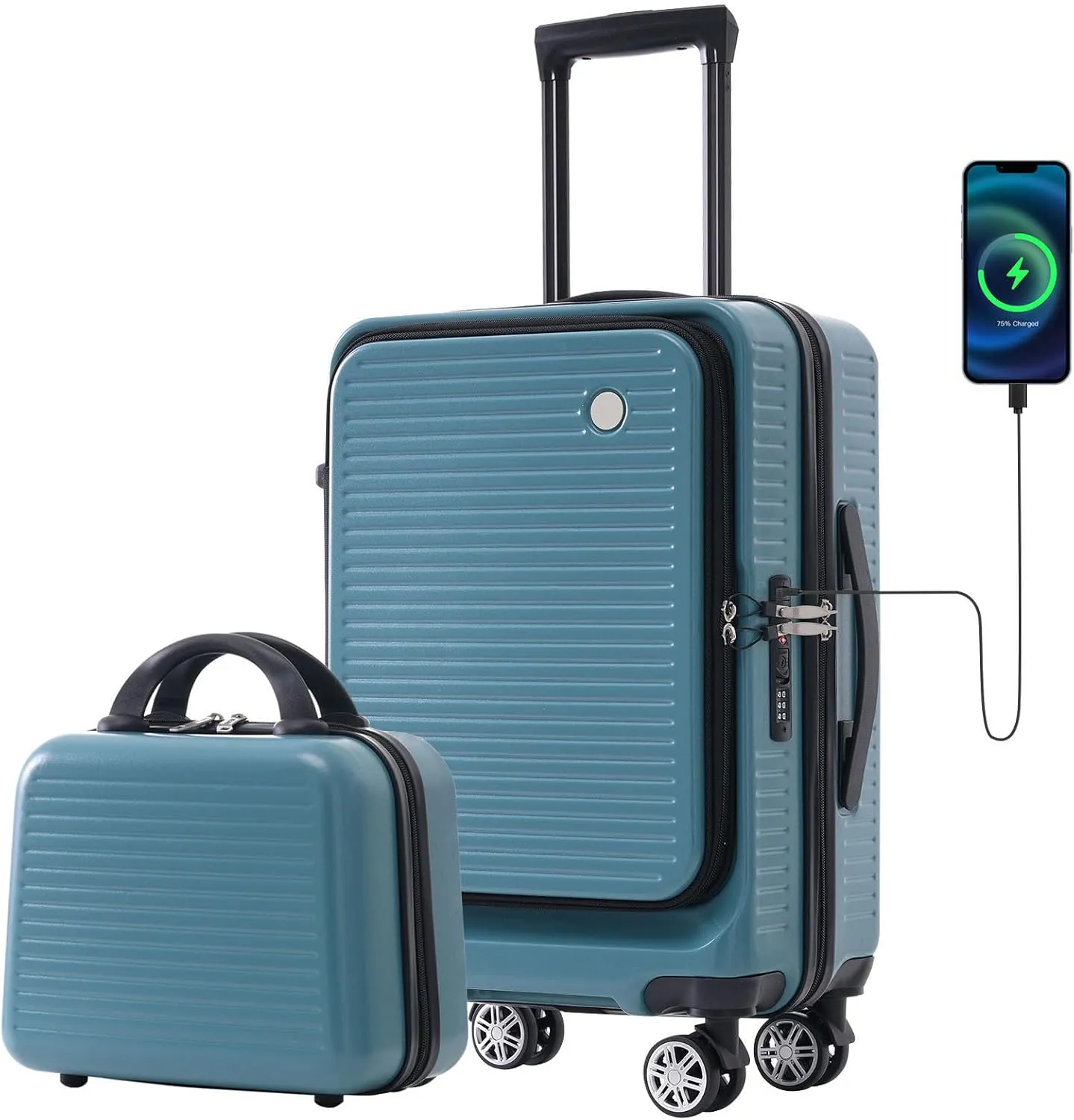 20 Inch Carry-on Luggage with USB Port, TSA Lock & Front Pocket, Durable Spinner Lightweight Suitcase for Men and Women (Blue)