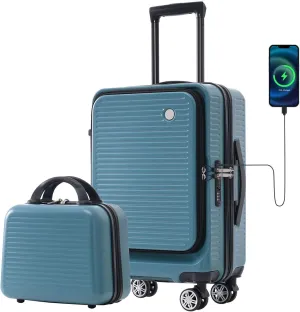 20 Inch Carry-on Luggage with USB Port, TSA Lock & Front Pocket, Durable Spinner Lightweight Suitcase for Men and Women (Blue)