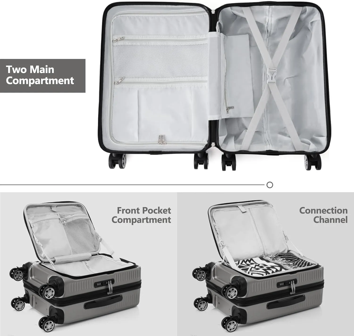 20 Inch Carry-on Luggage with USB Port, TSA Lock & Front Pocket, Durable Spinner Lightweight Suitcase for Men and Women (Gray)
