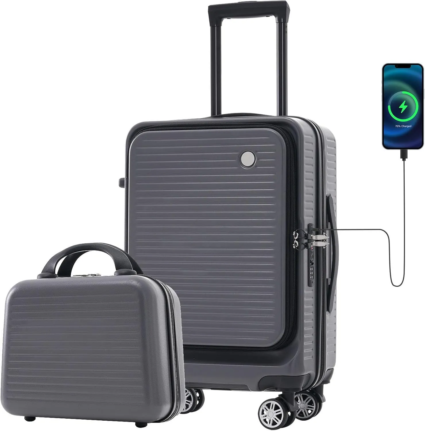20 Inch Carry-on Luggage with USB Port, TSA Lock & Front Pocket, Durable Spinner Lightweight Suitcase for Men and Women (Gray)