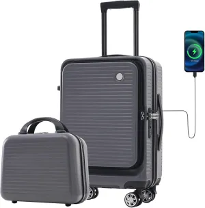 20 Inch Carry-on Luggage with USB Port, TSA Lock & Front Pocket, Durable Spinner Lightweight Suitcase for Men and Women (Gray)