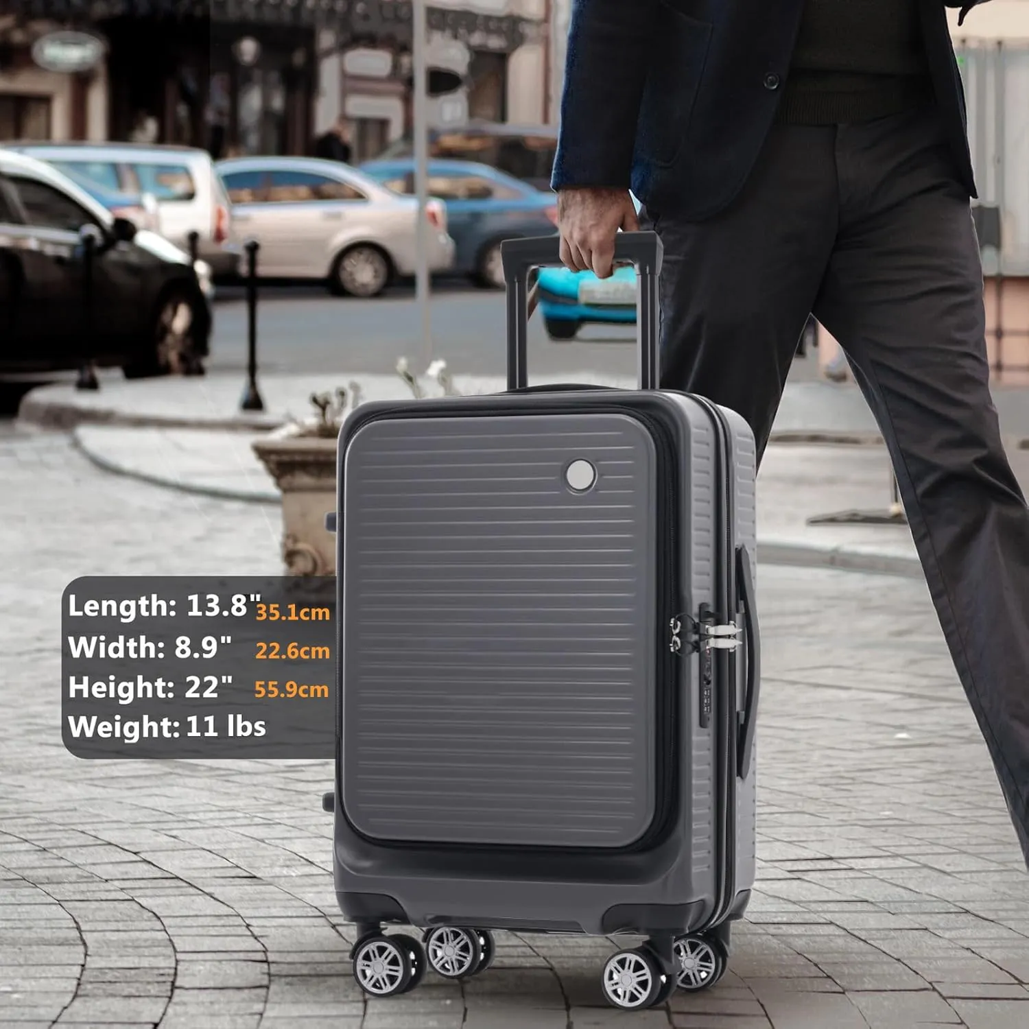 20 Inch Carry-on Luggage with USB Port, TSA Lock & Front Pocket, Durable Spinner Lightweight Suitcase for Men and Women (Gray)