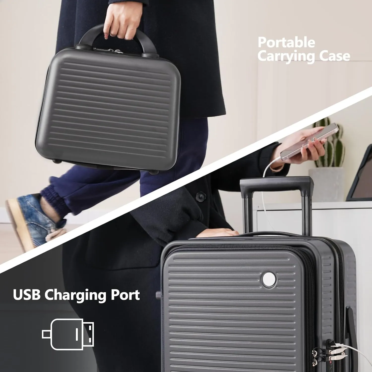 20 Inch Carry-on Luggage with USB Port, TSA Lock & Front Pocket, Durable Spinner Lightweight Suitcase for Men and Women (Gray)