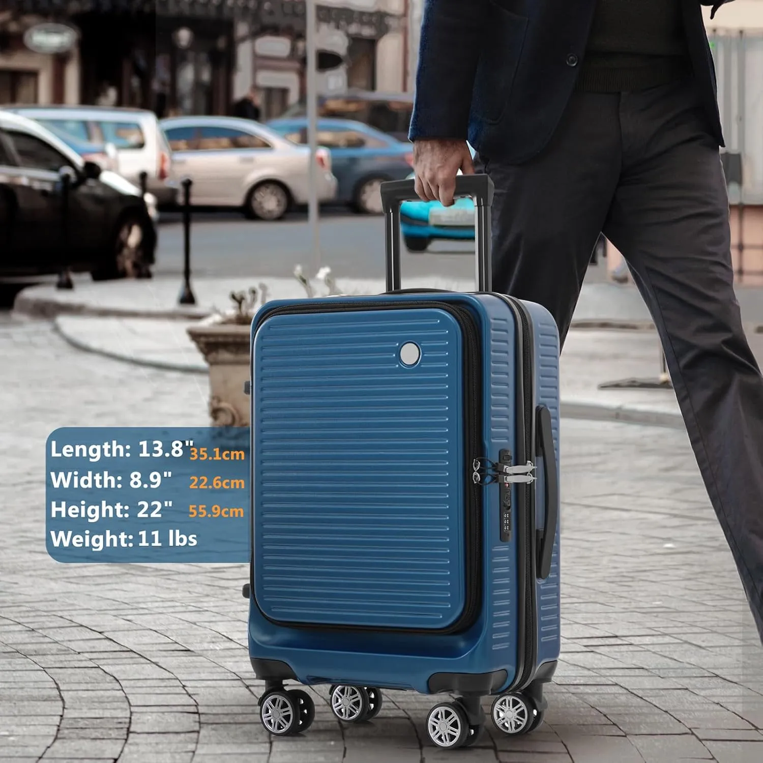 20 Inch Carry-on Luggage with USB Port, TSA Lock & Front Pocket, Durable Spinner Lightweight Suitcase for Men and Women (Peacock Blue)