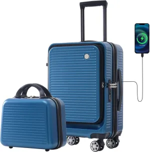 20 Inch Carry-on Luggage with USB Port, TSA Lock & Front Pocket, Durable Spinner Lightweight Suitcase for Men and Women (Peacock Blue)