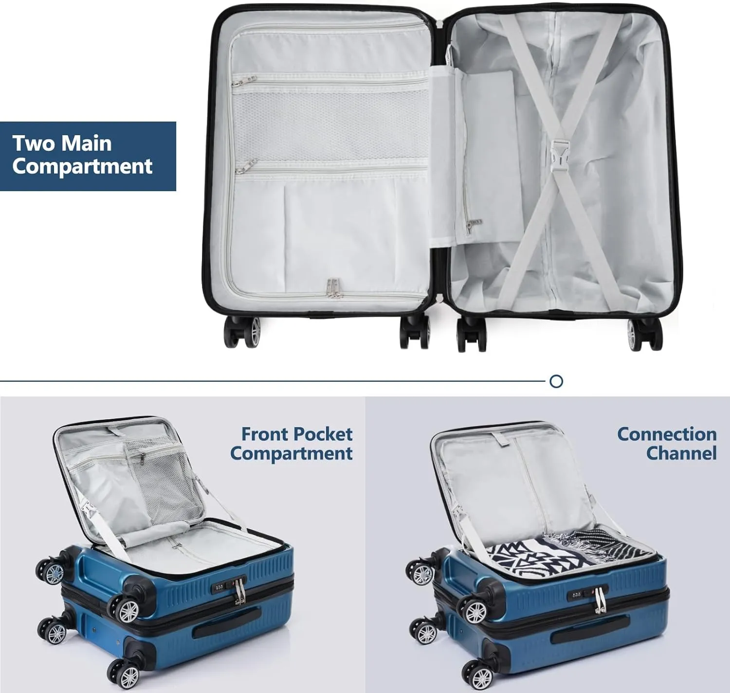 20 Inch Carry-on Luggage with USB Port, TSA Lock & Front Pocket, Durable Spinner Lightweight Suitcase for Men and Women (Peacock Blue)