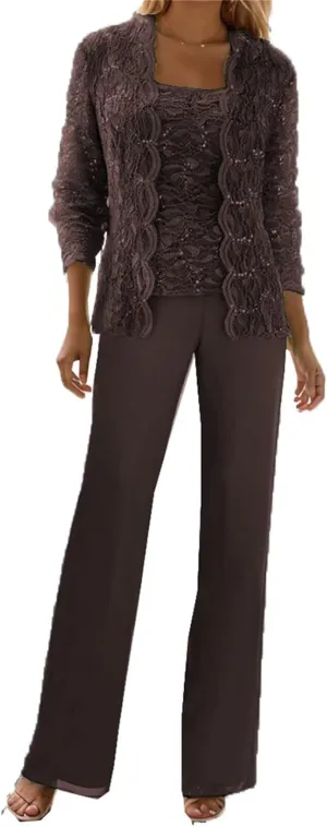 3 Piece Mother of The Bride Pant Suits for Wedding Guest Sequins Lace Outfits Formal Evneing Party Gowns with Jacket