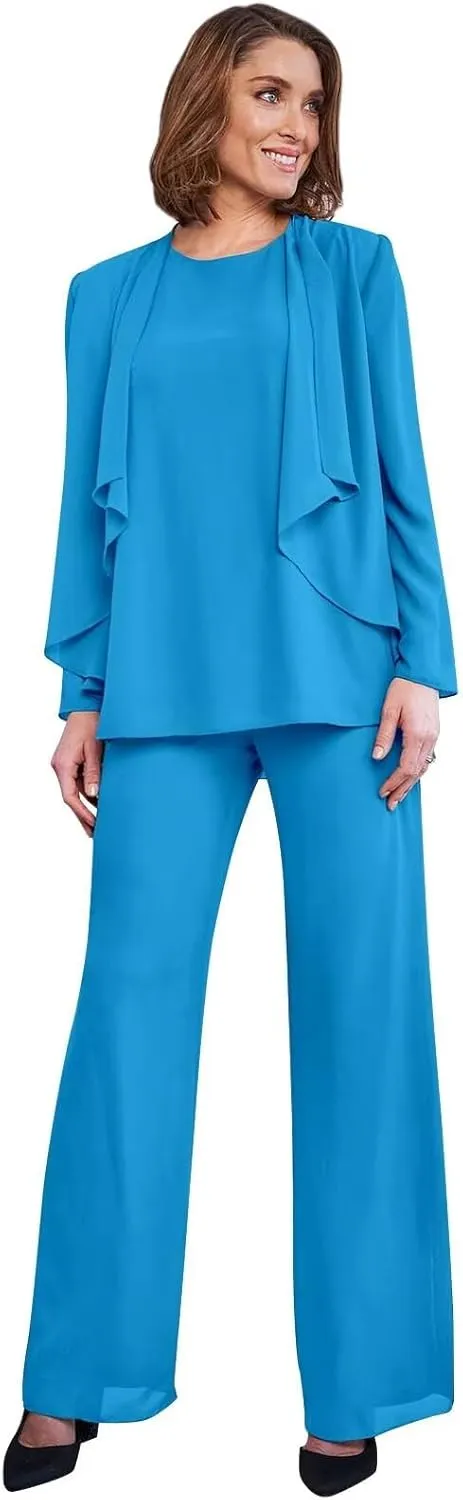 3 Pieces Classy Mother of The Bride Pant Suits with Jacket Long Sleeve Chiffon Pants Suits for Women Dressy