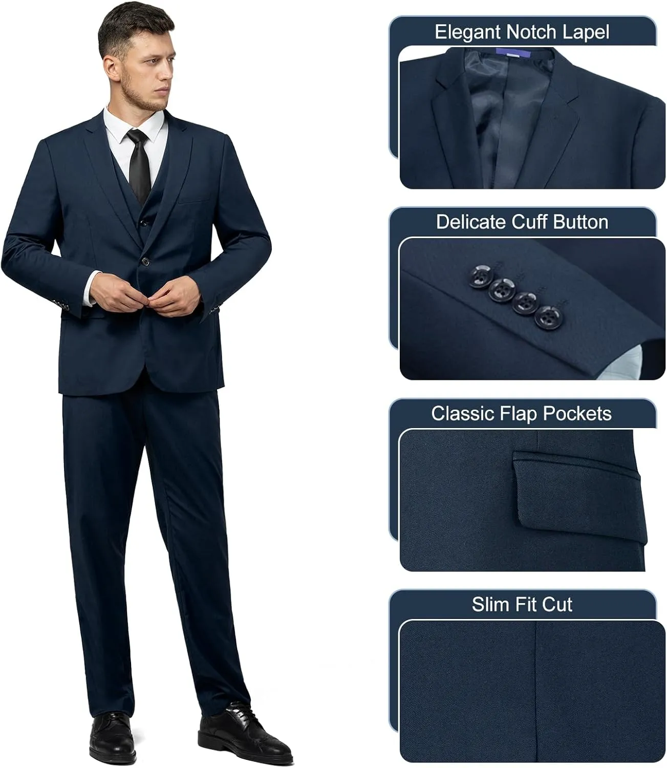 3 Pieces Mens Suit Slim Fit Suits, Two Button Notch Lapel Jacket Vest Pants with Tie for Party/Business