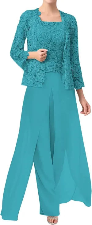 3 Pieces Mother of The Bride Dresses Pant Suits Chiffon Laces Jacket Mother Groom Dresses for Wedding