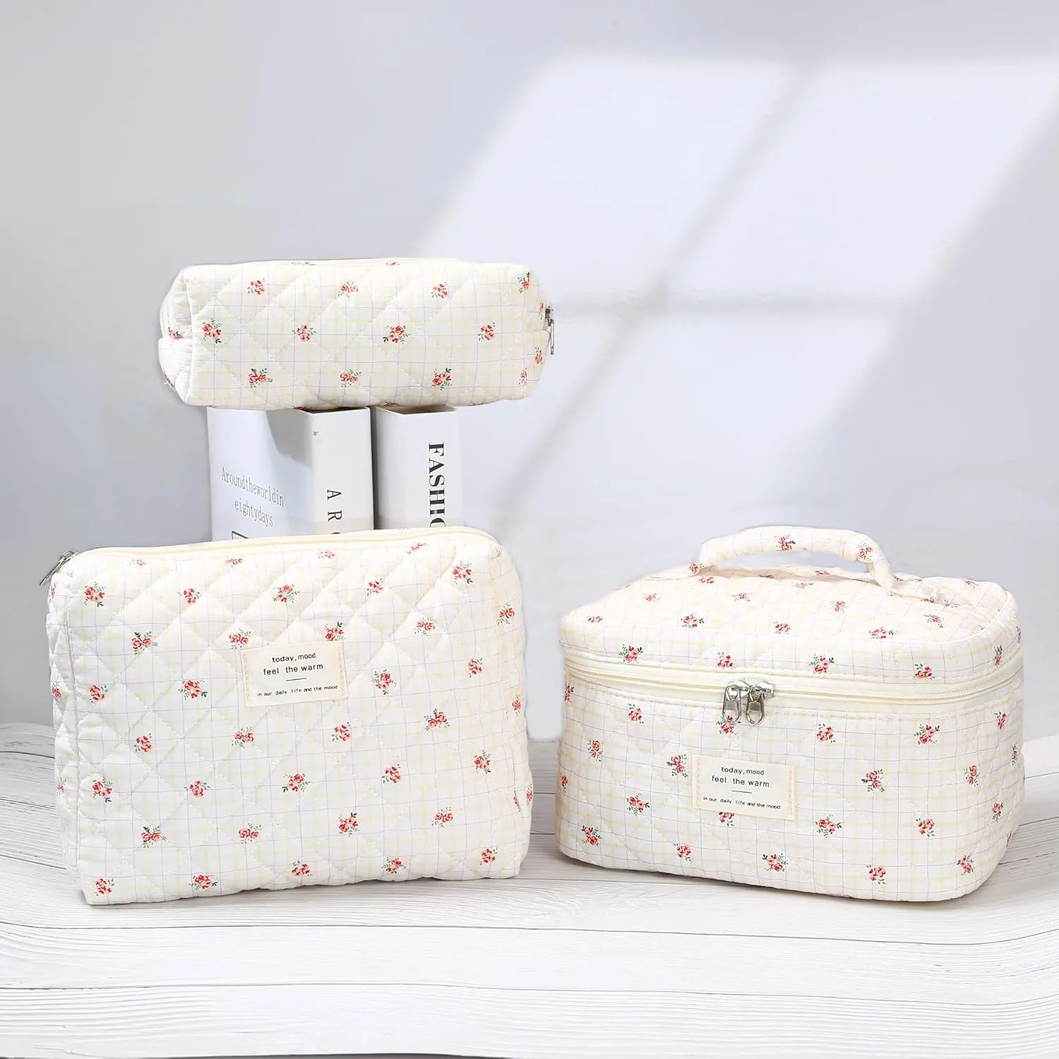 3Pcs Quilted Makeup Bag - Cotton Large Floral Makeup Bag, Travel Cosmetic Bag Cute Flower Aesthetic Floral Toiletry Organizer Bag Set for Women (05Red-Rose)