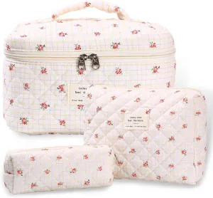 3Pcs Quilted Makeup Bag - Cotton Large Floral Makeup Bag, Travel Cosmetic Bag Cute Flower Aesthetic Floral Toiletry Organizer Bag Set for Women (05Red-Rose)