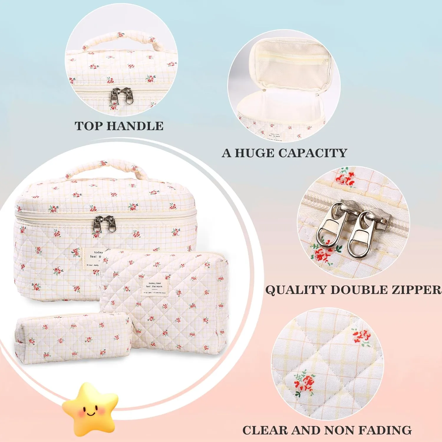 3Pcs Quilted Makeup Bag - Cotton Large Floral Makeup Bag, Travel Cosmetic Bag Cute Flower Aesthetic Floral Toiletry Organizer Bag Set for Women (05Red-Rose)