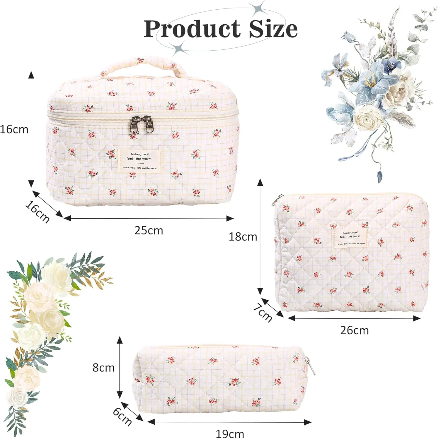 3Pcs Quilted Makeup Bag - Cotton Large Floral Makeup Bag, Travel Cosmetic Bag Cute Flower Aesthetic Floral Toiletry Organizer Bag Set for Women (05Red-Rose)