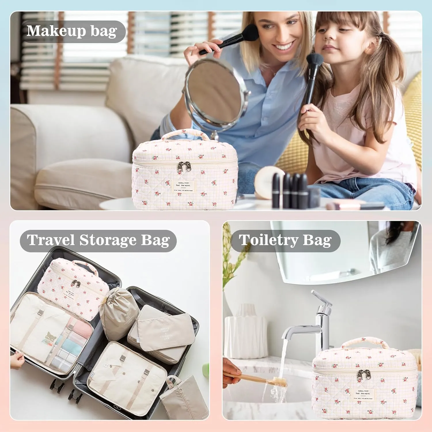 3Pcs Quilted Makeup Bag - Cotton Large Floral Makeup Bag, Travel Cosmetic Bag Cute Flower Aesthetic Floral Toiletry Organizer Bag Set for Women (05Red-Rose)