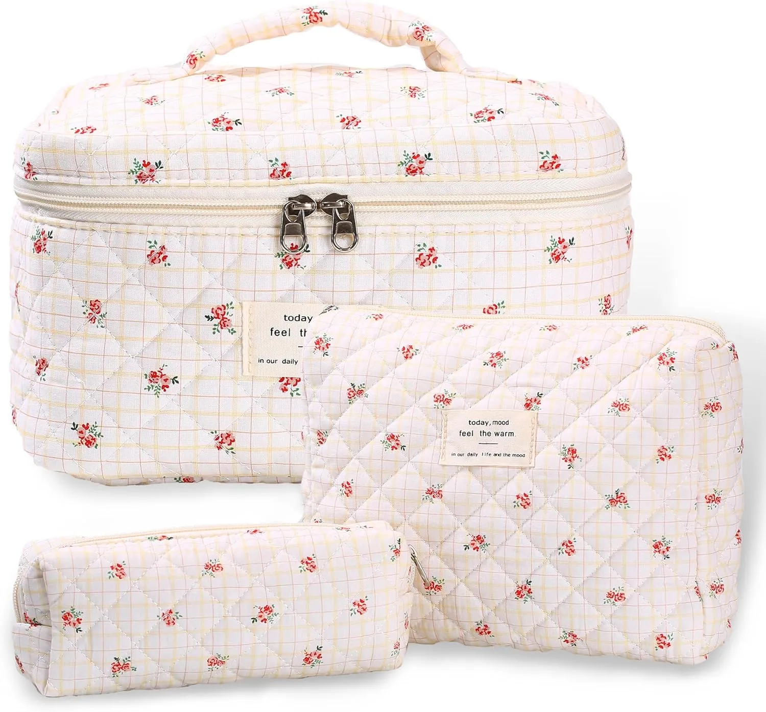 3Pcs Quilted Makeup Bag - Cotton Large Floral Makeup Bag, Travel Cosmetic Bag Cute Flower Aesthetic Floral Toiletry Organizer Bag Set for Women (05Red-Rose)
