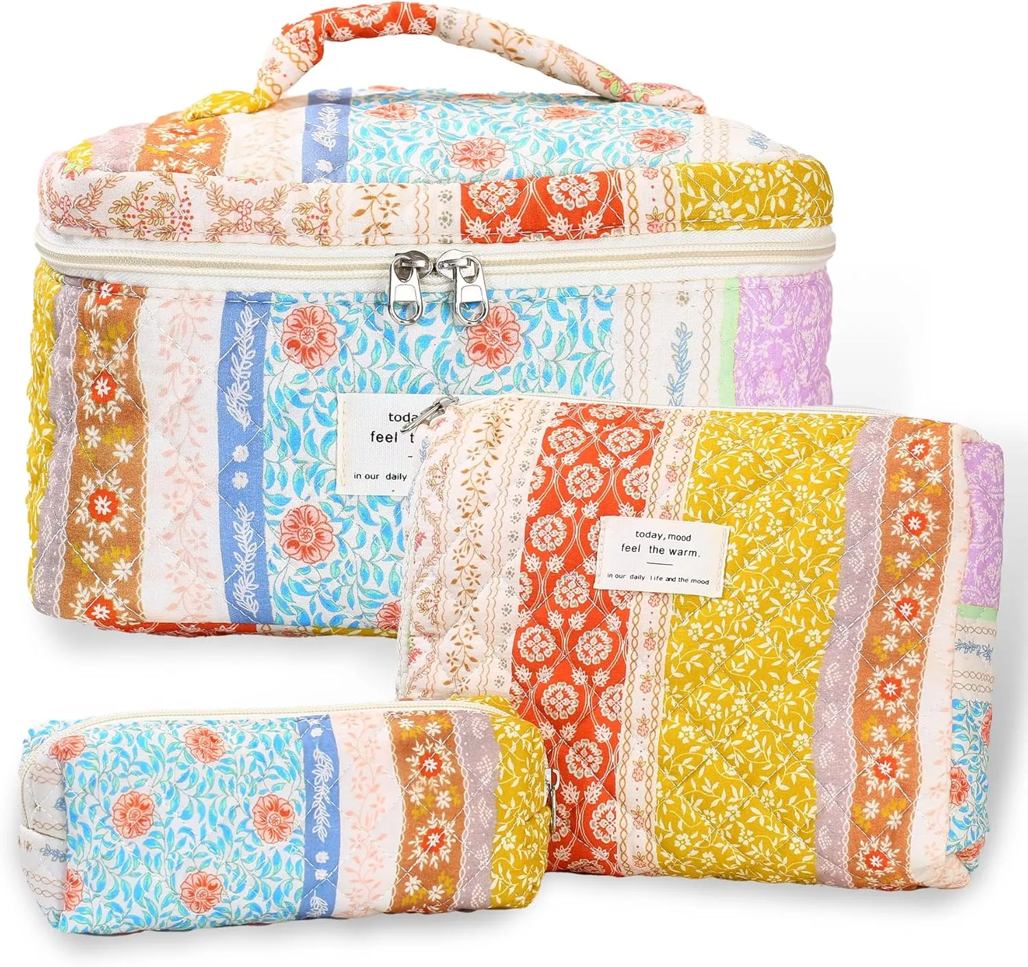 3Pcs Quilted Makeup Bag - Cotton Large Floral Makeup Bag, Travel Cosmetic Bag Cute Flower Aesthetic Floral Toiletry Organizer Bag Set for Women (08Yellow-Red)