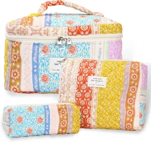 3Pcs Quilted Makeup Bag - Cotton Large Floral Makeup Bag, Travel Cosmetic Bag Cute Flower Aesthetic Floral Toiletry Organizer Bag Set for Women (08Yellow-Red)