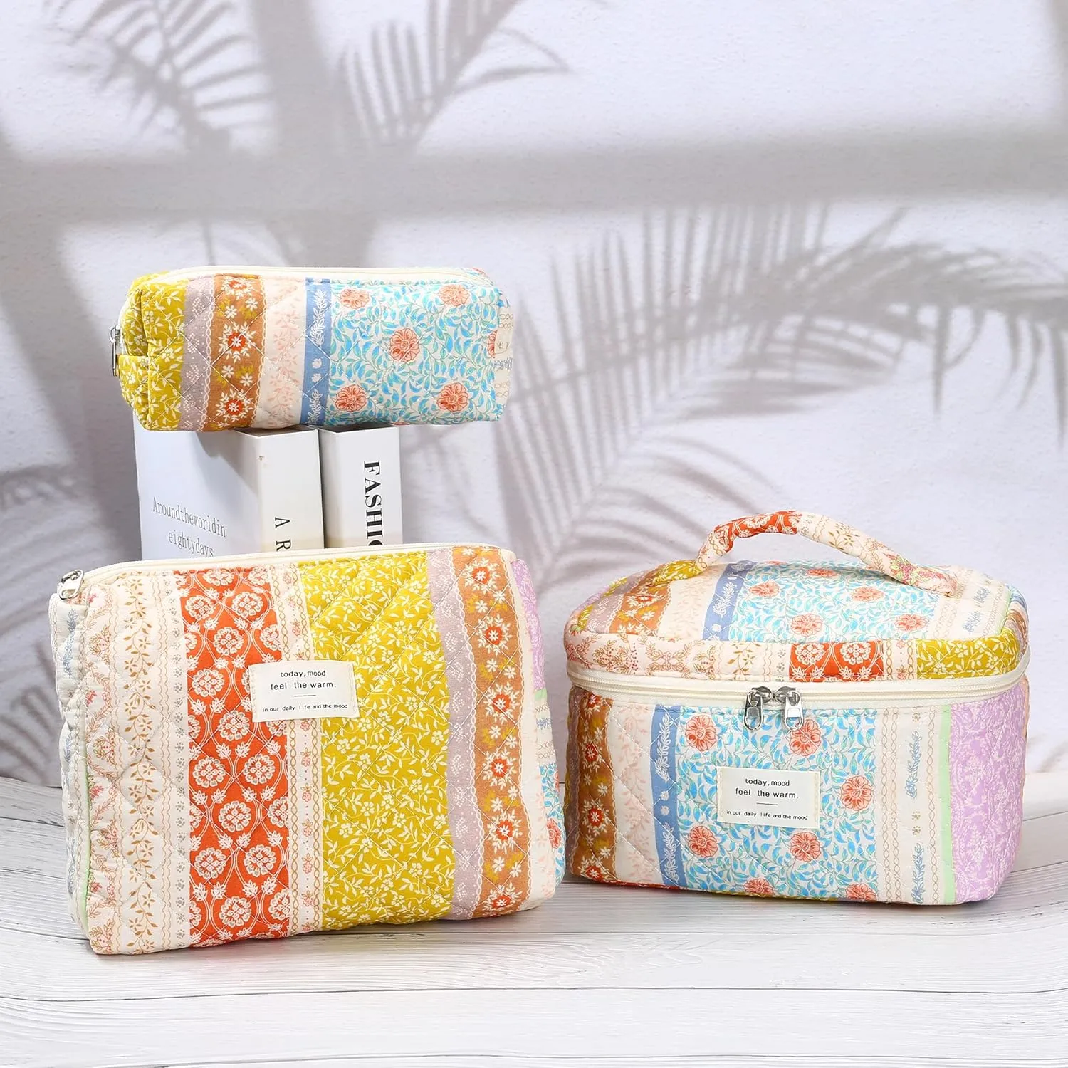3Pcs Quilted Makeup Bag - Cotton Large Floral Makeup Bag, Travel Cosmetic Bag Cute Flower Aesthetic Floral Toiletry Organizer Bag Set for Women (08Yellow-Red)