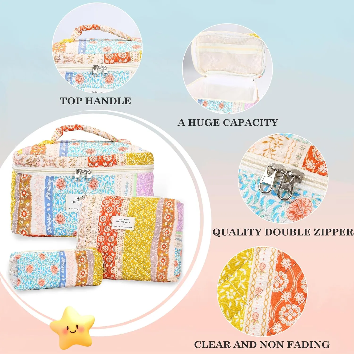 3Pcs Quilted Makeup Bag - Cotton Large Floral Makeup Bag, Travel Cosmetic Bag Cute Flower Aesthetic Floral Toiletry Organizer Bag Set for Women (08Yellow-Red)