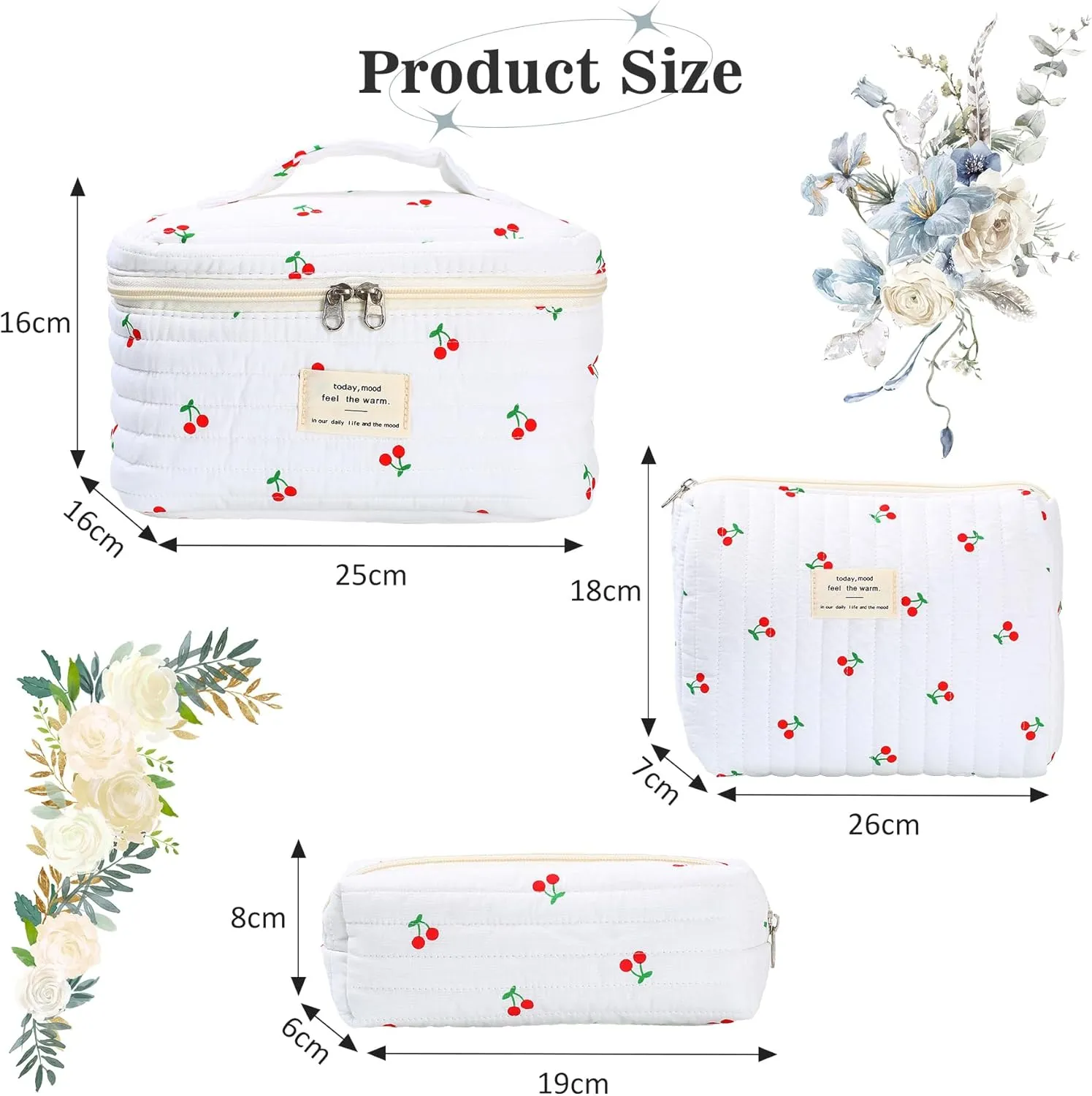 3Pcs Quilted Makeup Bag - Cotton Large Floral Makeup Bag, Travel Cosmetic Bag Cute Flower Aesthetic Floral Toiletry Organizer Bag Set for Women (10White-cherry)
