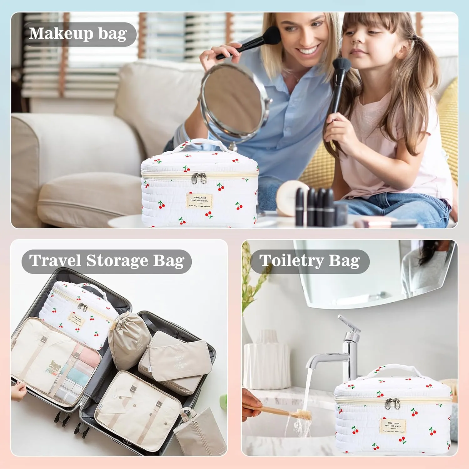 3Pcs Quilted Makeup Bag - Cotton Large Floral Makeup Bag, Travel Cosmetic Bag Cute Flower Aesthetic Floral Toiletry Organizer Bag Set for Women (10White-cherry)