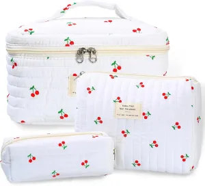 3Pcs Quilted Makeup Bag - Cotton Large Floral Makeup Bag, Travel Cosmetic Bag Cute Flower Aesthetic Floral Toiletry Organizer Bag Set for Women (10White-cherry)