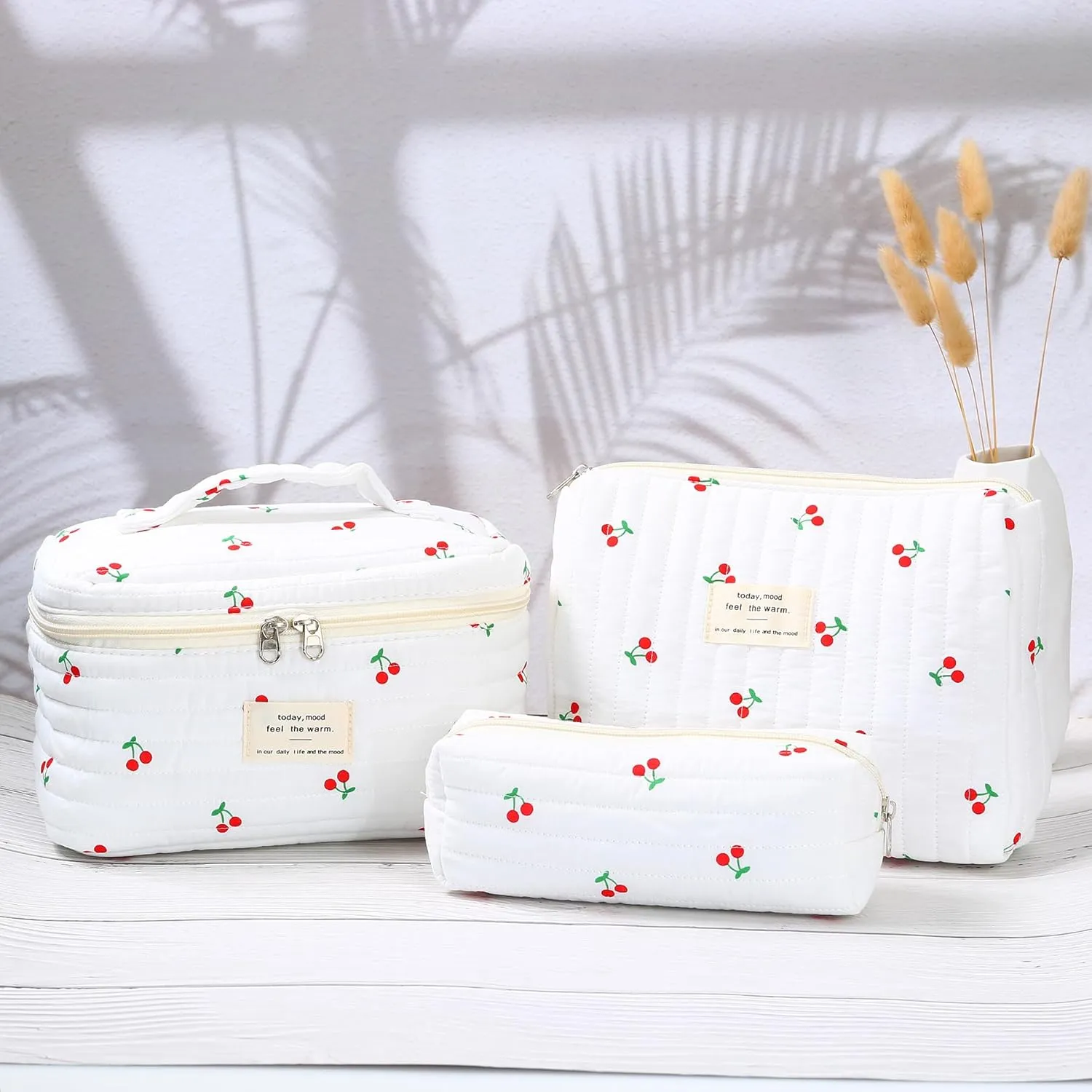 3Pcs Quilted Makeup Bag - Cotton Large Floral Makeup Bag, Travel Cosmetic Bag Cute Flower Aesthetic Floral Toiletry Organizer Bag Set for Women (10White-cherry)