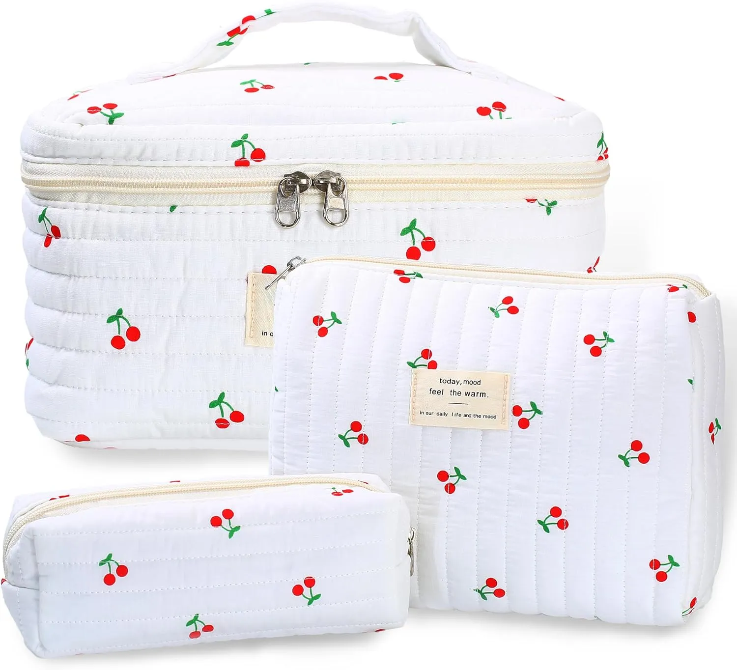 3Pcs Quilted Makeup Bag - Cotton Large Floral Makeup Bag, Travel Cosmetic Bag Cute Flower Aesthetic Floral Toiletry Organizer Bag Set for Women (10White-cherry)