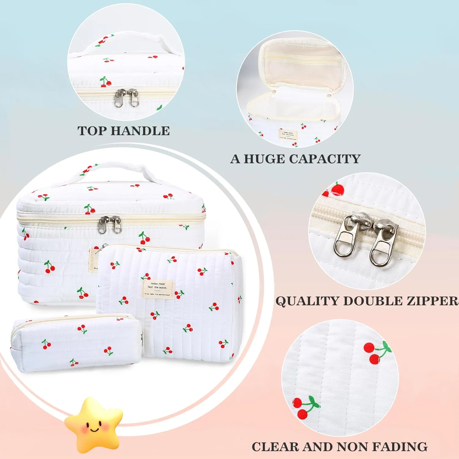 3Pcs Quilted Makeup Bag - Cotton Large Floral Makeup Bag, Travel Cosmetic Bag Cute Flower Aesthetic Floral Toiletry Organizer Bag Set for Women (10White-cherry)