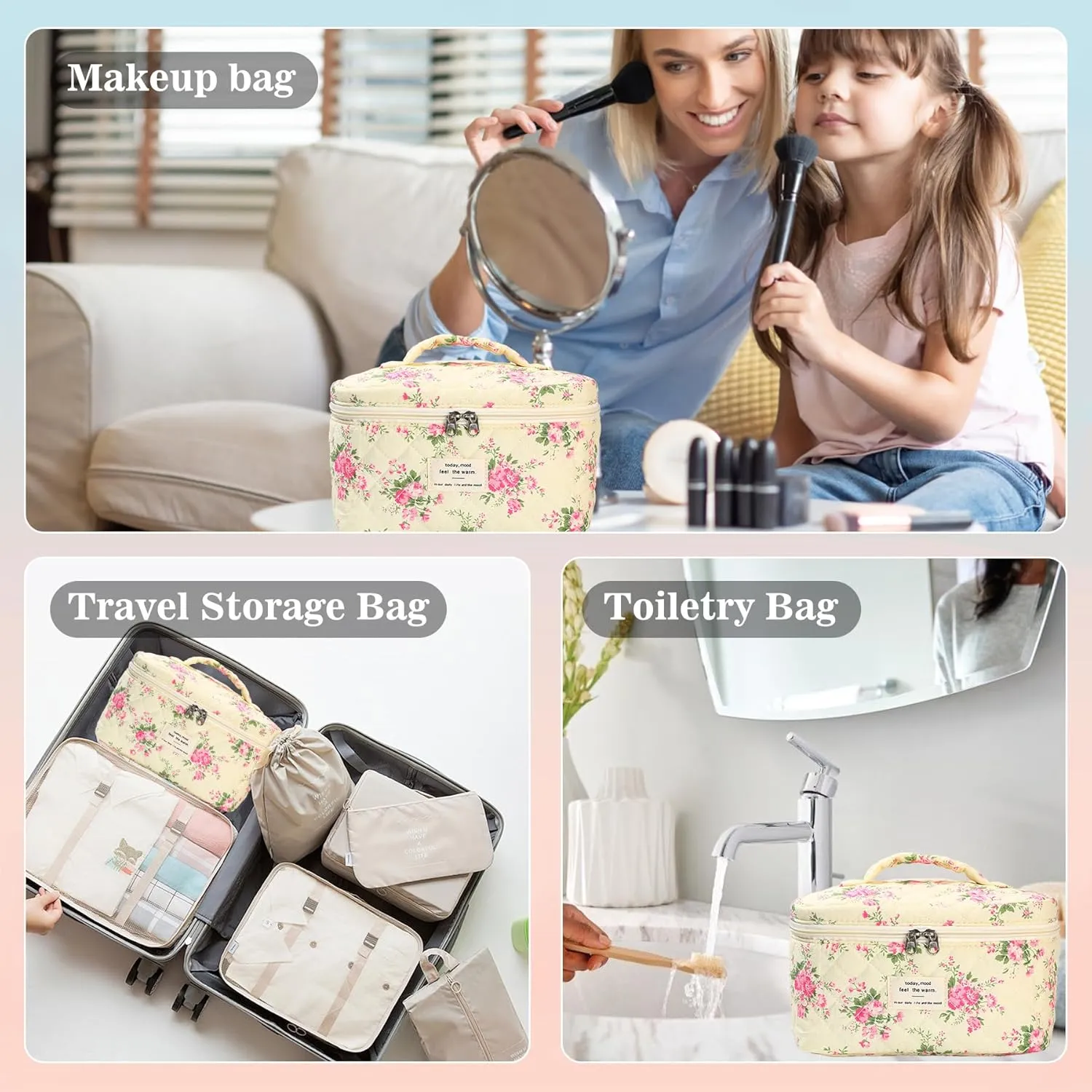 3Pcs Quilted Makeup Bag - Cotton Large Floral Makeup Bag, Travel Cosmetic Bag Cute Flower Aesthetic Floral Toiletry Organizer Bag Set for Women (11Pink-Flower)