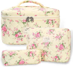 3Pcs Quilted Makeup Bag - Cotton Large Floral Makeup Bag, Travel Cosmetic Bag Cute Flower Aesthetic Floral Toiletry Organizer Bag Set for Women (11Pink-Flower)