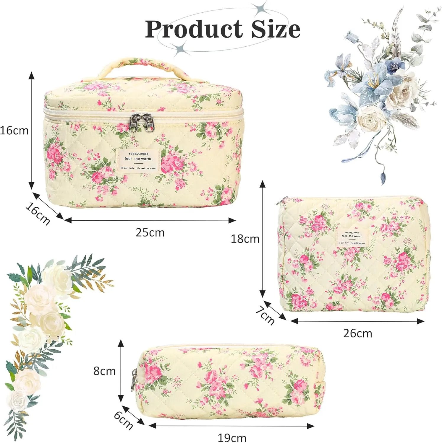 3Pcs Quilted Makeup Bag - Cotton Large Floral Makeup Bag, Travel Cosmetic Bag Cute Flower Aesthetic Floral Toiletry Organizer Bag Set for Women (11Pink-Flower)