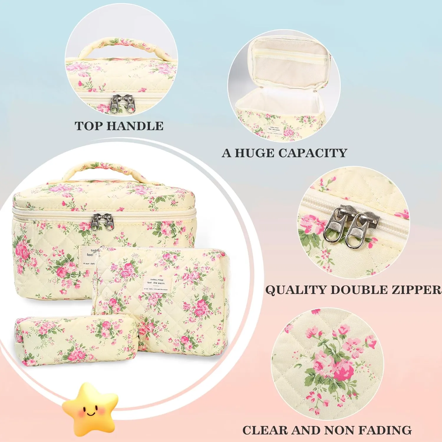 3Pcs Quilted Makeup Bag - Cotton Large Floral Makeup Bag, Travel Cosmetic Bag Cute Flower Aesthetic Floral Toiletry Organizer Bag Set for Women (11Pink-Flower)