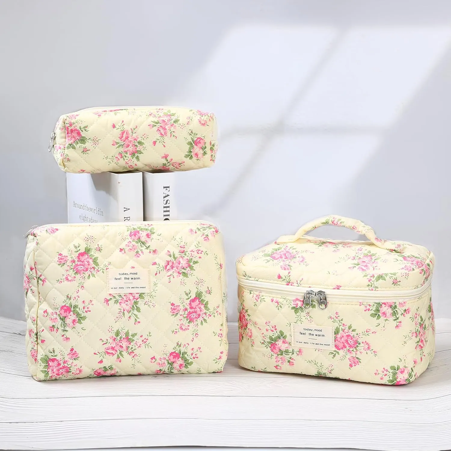 3Pcs Quilted Makeup Bag - Cotton Large Floral Makeup Bag, Travel Cosmetic Bag Cute Flower Aesthetic Floral Toiletry Organizer Bag Set for Women (11Pink-Flower)