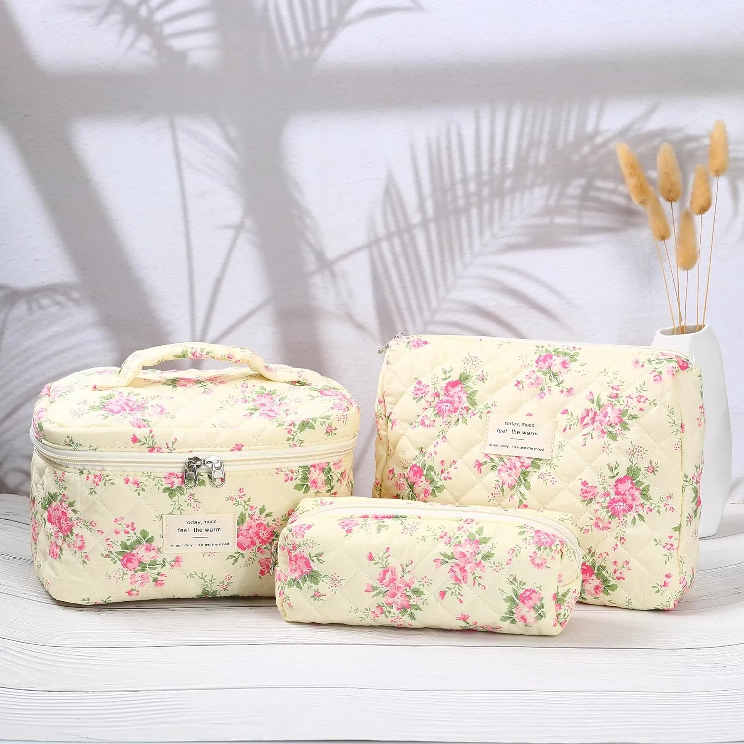 3Pcs Quilted Makeup Bag - Cotton Large Floral Makeup Bag, Travel Cosmetic Bag Cute Flower Aesthetic Floral Toiletry Organizer Bag Set for Women (11Pink-Flower)
