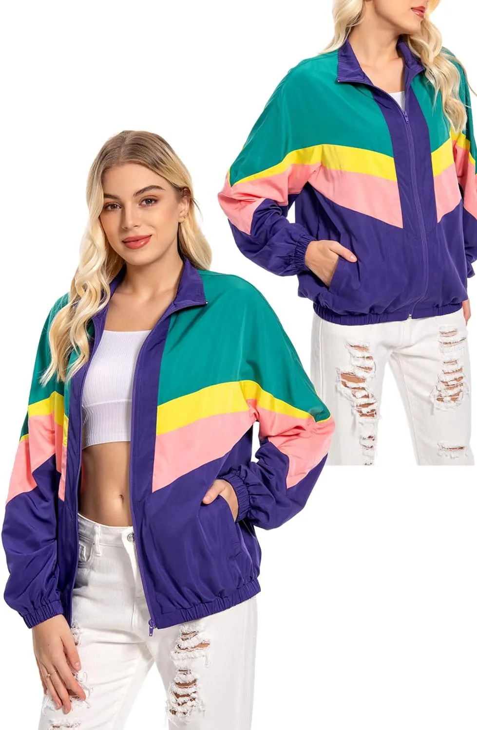 80s Color Block Jacket for Women, Neon Windbreaker Tracksuit Retro Workout Outfit for Themed Party