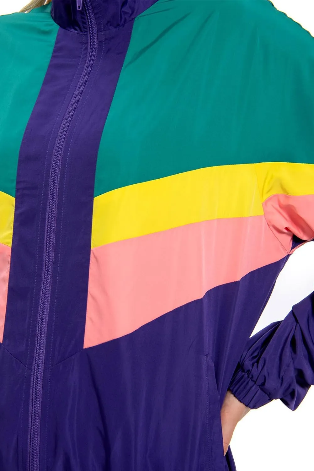 80s Color Block Jacket for Women, Neon Windbreaker Tracksuit Retro Workout Outfit for Themed Party