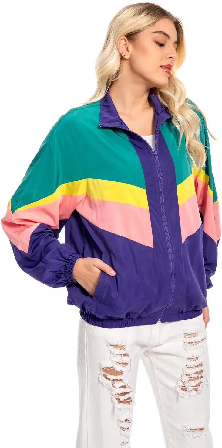 80s Color Block Jacket for Women, Neon Windbreaker Tracksuit Retro Workout Outfit for Themed Party