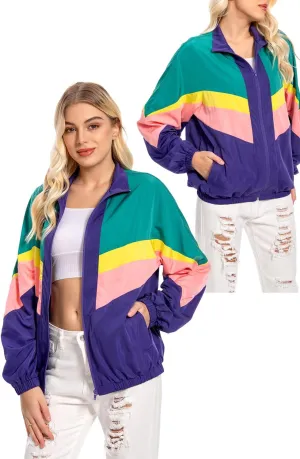 80s Color Block Jacket for Women, Neon Windbreaker Tracksuit Retro Workout Outfit for Themed Party