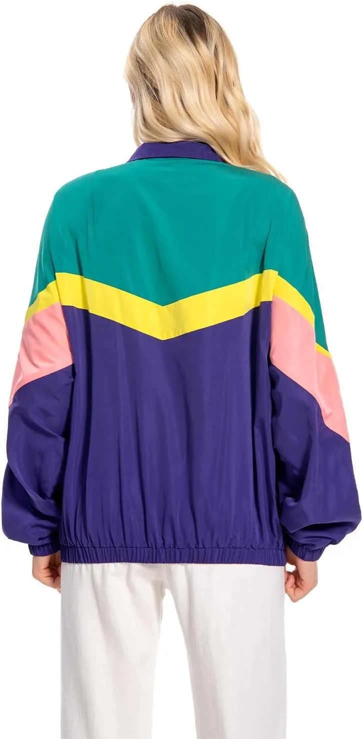 80s Color Block Jacket for Women, Neon Windbreaker Tracksuit Retro Workout Outfit for Themed Party