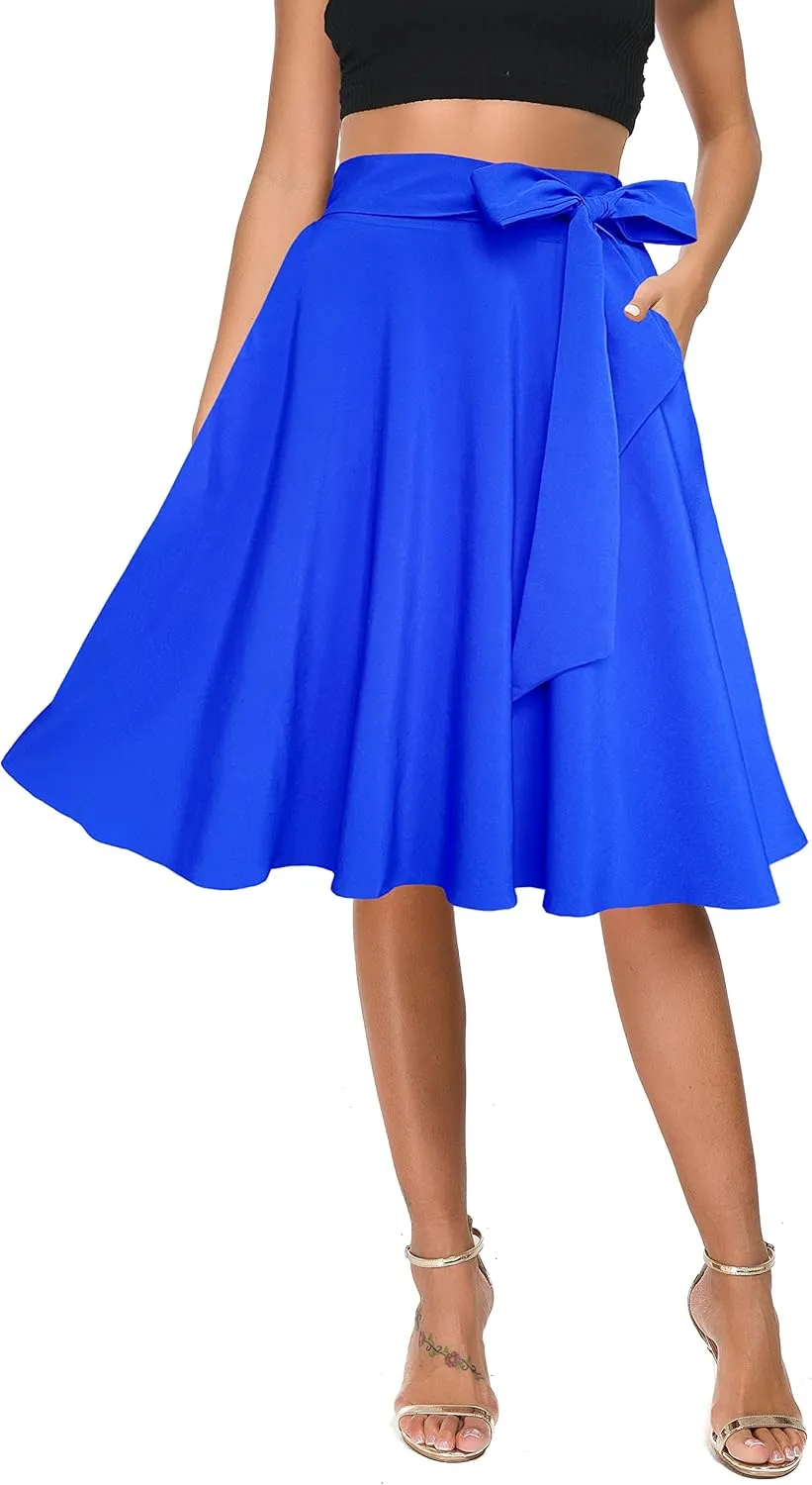 Afibi Womens Vintage High Waist A-Line Skater Skirt Flared Midi Skirt with Pockets